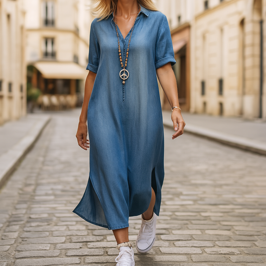 Yara – Lang Jurk in Jeanslook met Zijsplit